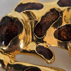 Vintage Gold Tone Leopard Cheetah Pin Brooch Green Eyed Rhinestones