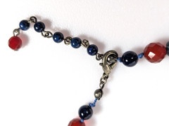 Vtg Natural Stone and Glass Silver Tone Hand Knotted Bead Necklace Blue Brown