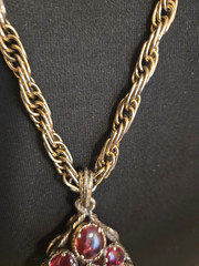 Vtg Crown Trifari (C) Renaissance Teardrop Cranberry Glass Necklace Set ~ Signed
