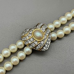 Richelieu Necklace Vintage Faux Pearl Double Strand Rhinestone Heart Choker