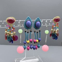 VTG 80s Post Earrings Dangle Metal Tassel Multi Color Acrylic Beads Blue Purple