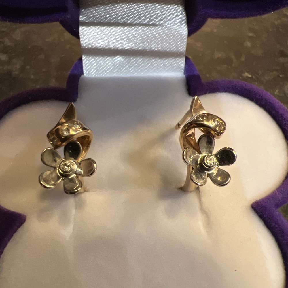 Vintage Original Rose & White Gold Cubic Zirconia Earrings 585 14K, Gold 585 14K