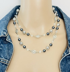Vtg Signed Trifari Filigree Silver Tone Gray Faux Pearl Station Necklace 36 in