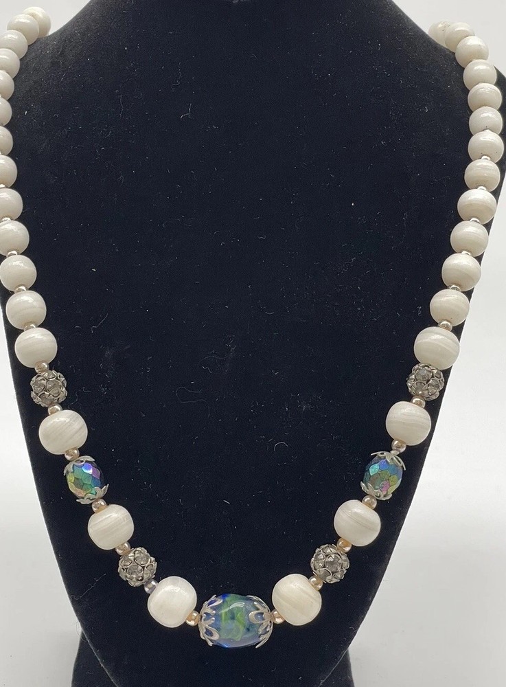 Vintage White Natural Stone Infused Art Glass Aurora Bead Crystals 28” Necklace
