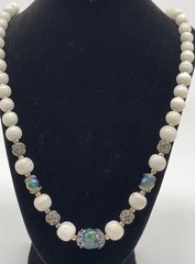 Vintage White Natural Stone Infused Art Glass Aurora Bead Crystals 28” Necklace