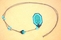 Art Deco Czech Pendant Necklace Floral Intaglio Carved Etched Blue Camphor Glass