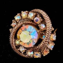 Vintage Aurora Borealis AB Rhinestone Prong Set Swirl Button Brooch Gold Tone