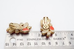 Vintage Clip On Earrings Gold Tone Red Orange Rhinestone