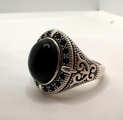 Vintage 925 Sterling Silver Statement Gents Onyx Engraved Signet Time Gothic