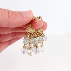 VTG Clip On Dangle Drop Earrings Aurora Borealis Cluster Rhinestone Carousel