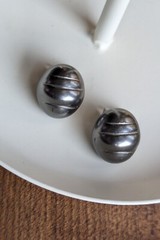Vintage Gun Metal Grey Black Dome Cushion Button Larva Quilted Clip Earrings