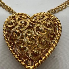 Vintage Layered Necklace Three Strands Puffy Heart Gold Tone Statement 1980s