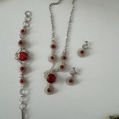 Vintage Antique Silesian Iron Wirework Necklace & Bracelet, Faux Ruby And Silver