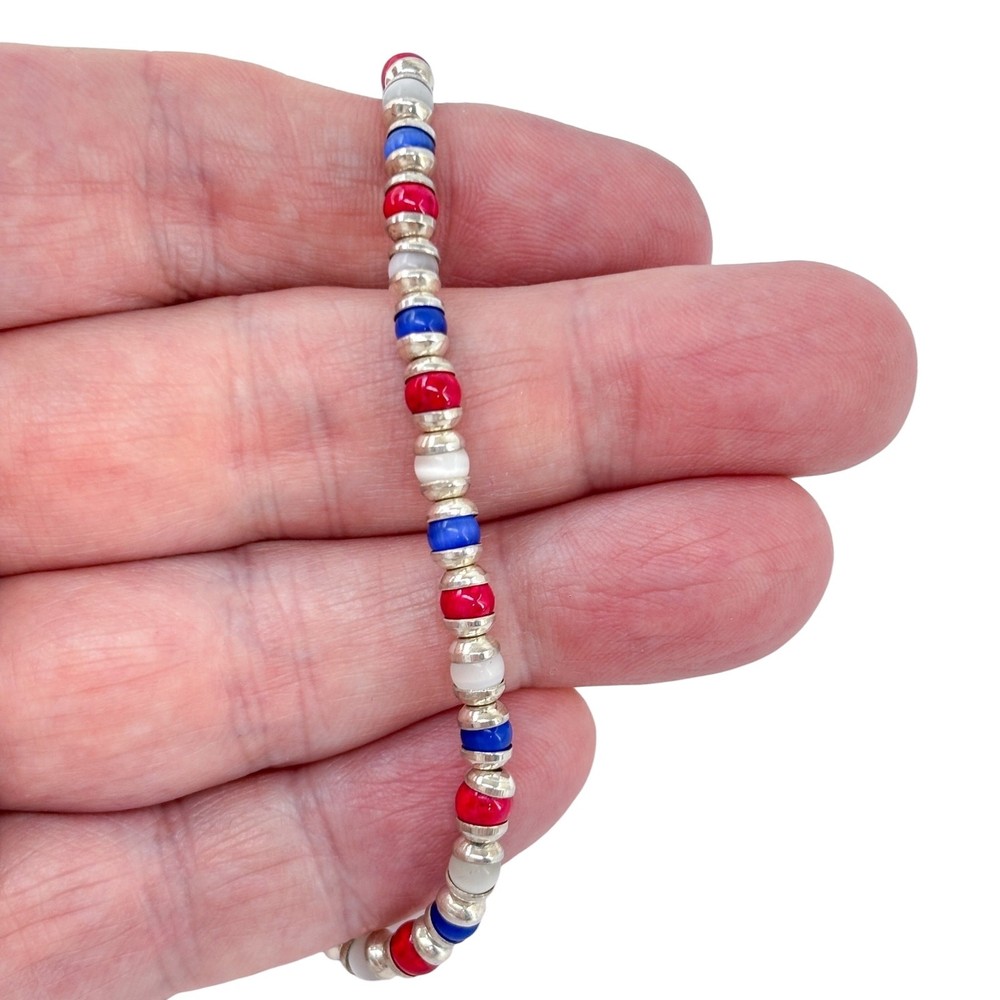 Vintage Sterling Silver 925 Red White Blue Glass Bead Heart Toggle Bracelet 7.5″