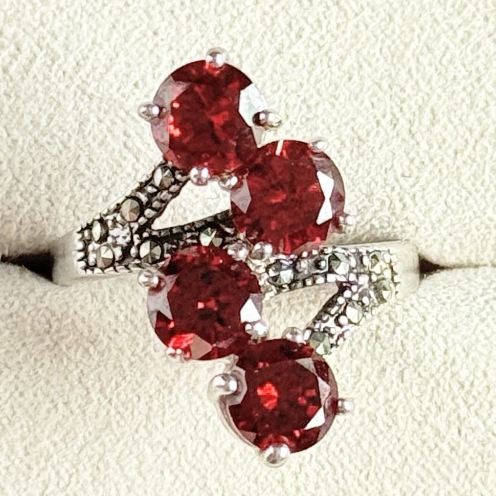 Vintage Red Stone & Marcasite Ring, Silver, Size 8 Cascade Vine Design