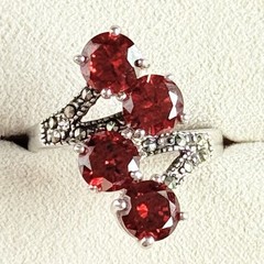Vintage Red Stone & Marcasite Ring, Silver, Size 8 Cascade Vine Design