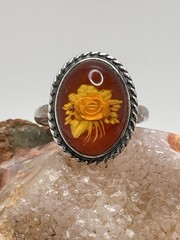 925 Sterling Silver Carved Rose Baltic Amber RING Size 7.25 Estate Vintage