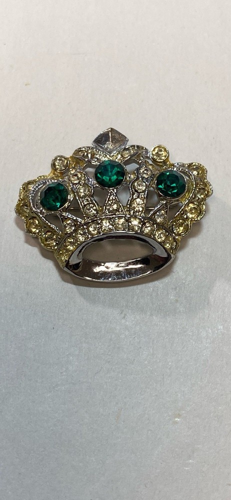 Silver Tone And Green Stone Crown Brooch As Pictured