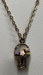1928 Brand Enamel Necklace Dainty Flower Basket Gold Tone Chain Barrel Clasp