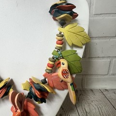 Vintage Wood Painted Parrot Tropical Necklace Decora Luau Statement Bee Bird 18”