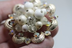 Vintage gold tone white milk glass clear AB rhinestones flower Brooch Pin