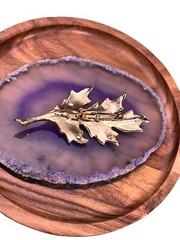 Vintage Gold Tone Cream Color Enamel Leaf Brooch Pin Rhinestone Center Garden