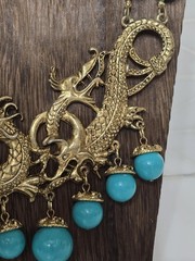Double Strand Chunky Turquoise Color Blue Bead Necklace Gold Tone Dragon Pendant