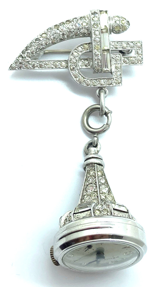 1930s PENNINO Sterling & Rhinestone Art Deco Lapel Brooch & Fob Watch