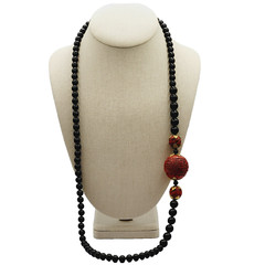Asian Chinese Inspired Red Carved Cinnabar Black Onyx Bead Beaded Necklace 33 In