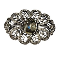 LaVintage Silver Tone Smoky Rhinestone Oval Victorian Style Brooch Pendant M123