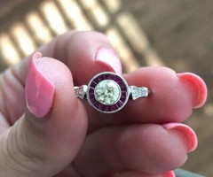 Bezel Set Old European Cut & Pink Baguette Engagement Ring, Edwardian Halo Ring