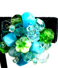 Vintage Gold Color ,Blue & Green Cluster Flower Bead Clip on Earrings