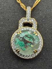 JTV Foil Glass Silver 925 Pendant Necklace Green Aventurine Flake Gold Tone 19″