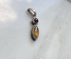 Vintage 925 Sterling Silver Tiger’s Eye & Garnet Necklace Pendant