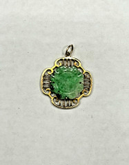 Antique Vintage Asian Style 14k Yellow Gold Pendant With Garved Jade Gemstone