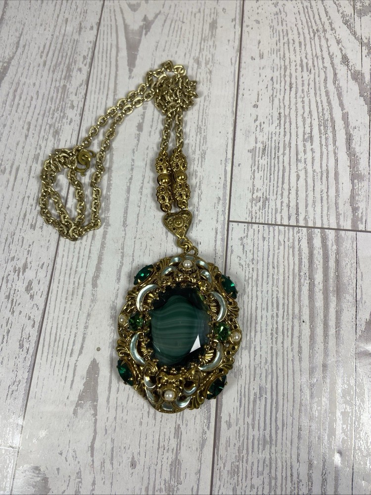 Vintage Western Germany Necklace Ornate Brass Filigree With Green Rhinestones.