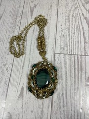 Vintage Western Germany Necklace Ornate Brass Filigree With Green Rhinestones.