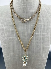 Vintage Rhinestone Faux Pearl Necklace Sputnik Statement Gold Tone 32”