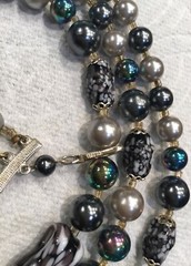 Vintage Three Strand Necklace Grey Dark Purple Silver Tone Made In Japan O87