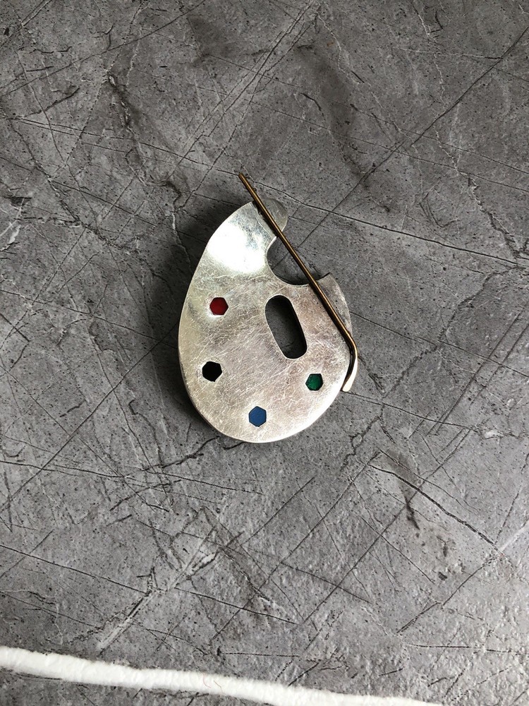 Sterling Silver Artist Brooch Pin Painter’s Pallet Brass Brush MEXICO