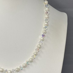 Crystal Glass and Genuine Pearl Beaded Necklace Bracelet Set AB Sterling Clasp