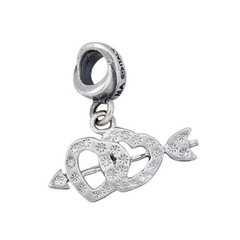 Vintage Sterling Silver 925 Red & Clear Crystal Double Heart Arrow Dangle Charm
