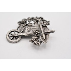 AJC Vintage Garden Pin Brooch Pewter Tone Cart Floral Signed NOS 1980s BinA9