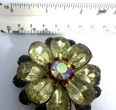 AB Rhinestone Brooch Pin Yellow & Brown Prong Set Gold Tone Floral Statement 2.5