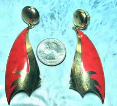 Vintage Designer Berebi Retro Gold Tone & Red Enamel Pierced Earrings, 3..5″