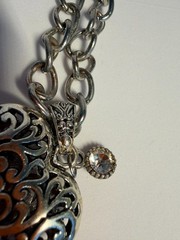 Vintage Antique Silver Tone Filigree Openwork Puff Heart Rhinestone Necklace