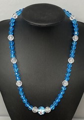 Glass Bead Necklace Blue Faceted Beads Flower Lampwork Center White Acrylic 21″