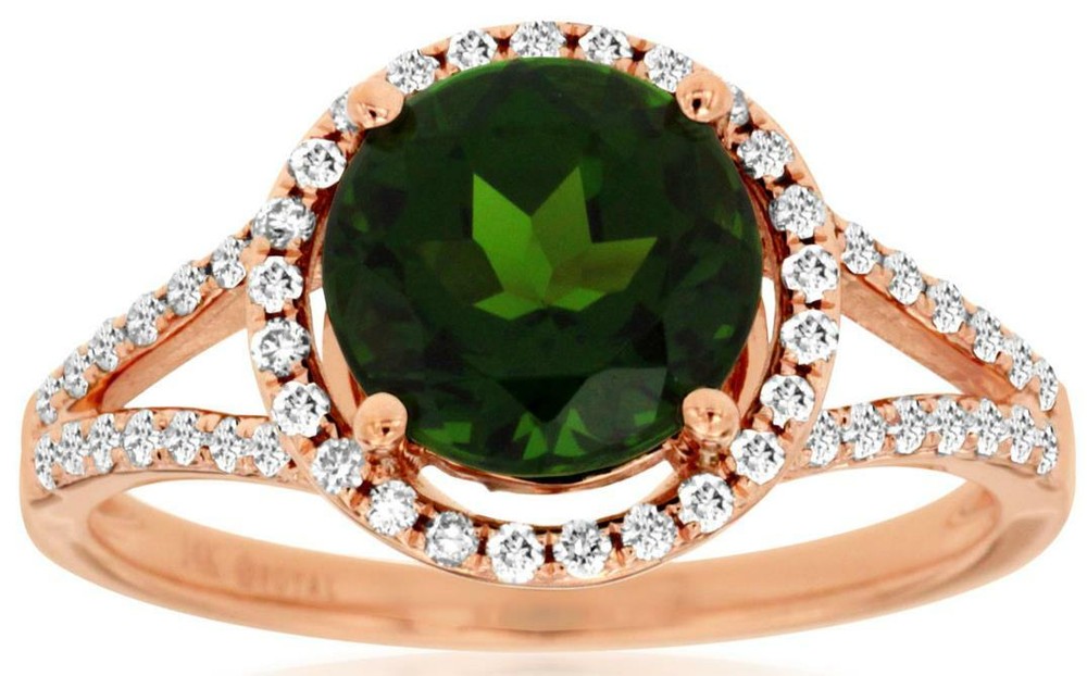 ESTATE 2.31CT DIAMOND & AAA RUSSALITE 14KT ROSE GOLD ROUND HALO ENGAGEMENT RING