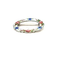 Vtg Signed Sterling La Mode Victorian Art Deco Enamel Guilloche Floral Brooch