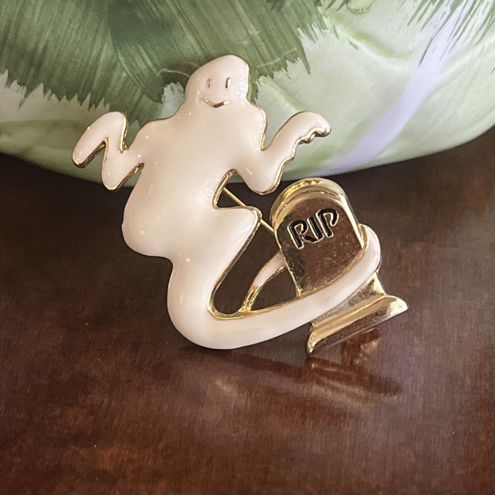Vintage Halloween White Enamel Ghost And Tombstone Brooch Signed SFJ